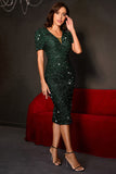 Sparkly Dark Green Bodycon Sequins Tea-Length Wedding Guest Dress