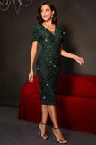 Sparkly Dark Green Bodycon Sequins Tea-Length Wedding Guest Dress