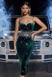 Dark Green Velvet Bodycon Wedding Guest Dress with Rhinestone