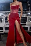 Dark Red Corset Boning Sheath Wedding Guest Dress with Slit