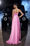 Pink Strapless Sheath Belted Wedding Guest Dress with Slit