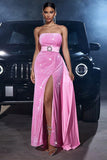 Pink Strapless Sheath Belted Wedding Guest Dress with Slit