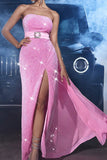 Pink Strapless Sheath Belted Wedding Guest Dress with Slit