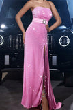 Pink Strapless Sheath Belted Wedding Guest Dress with Slit