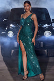 Dark Green Sequins Bodycon Wedding Guest Dress with Slit