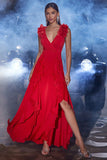 Red V-Neck Ruffles A-Line Wedding Guest Dress with Slit