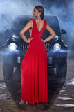 Red V-Neck Ruffles A-Line Wedding Guest Dress with Slit