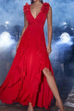 Red V-Neck Ruffles A-Line Wedding Guest Dress with Slit