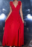 Red V-Neck Ruffles A-Line Wedding Guest Dress with Slit