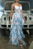 Blue White Ruffles Floral Wedding Guest Dress with Slit