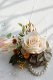 Apricot Wrist Corsage and Boutonniere Set