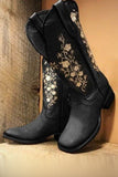 Black Thick Heel Round Toe Embroidered Women's Boots