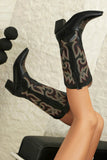 Black Vintage Embroidered Block Heel Cowgirl Boots