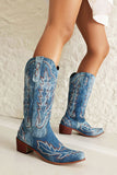 Blue Casual Block Heel Square Toe Mid-calf Boots