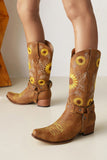 Brown Mid-calf Embroidered Women's Boots