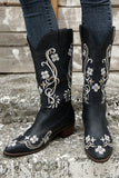 Black Square Toe Block Heel Embroidered Cowgirl Boots