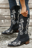 Black Square Toe Block Heel Embroidered Cowgirl Boots