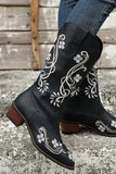 Black Square Toe Block Heel Embroidered Cowgirl Boots