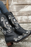 Black Square Toe Block Heel Embroidered Cowgirl Boots