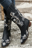 Black Square Toe Block Heel Embroidered Cowgirl Boots