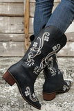 Black Square Toe Block Heel Embroidered Cowgirl Boots