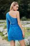 Sparkly Blue One Shoulder Sleeve Sequined Feather Prom Dress