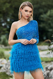 Sparkly Blue One Shoulder Sleeve Sequined Feather Prom Dress