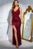 Sparkly Red Cut Out Slit Long Prom Dress with Sequin