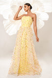 Yellow Floral Strapless Corset Long Prom Dress