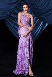 Sparkly Purple One Shoulder Long Prom Dress With Slit