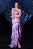 Sparkly Purple One Shoulder Long Prom Dress With Slit