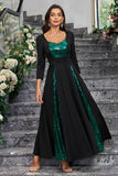 Sparkly Black Green Sequined A Line Prom Dress With Long Sleeves