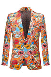 Orange Notched Lapel Graffiti Men's Jacket