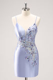 Sparkly Blue Sequined Floral Tight Short Prom Dress with Beading