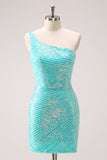 Sparkly Mint One Shoulder Tight Short Prom Dress with Sequins