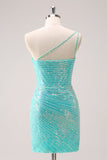 Sparkly Mint One Shoulder Tight Short Prom Dress with Sequins