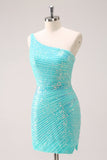 Sparkly Mint One Shoulder Tight Short Prom Dress with Sequins