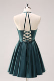 A-Line Peacock Blue Halter Short Prom Dress with Lace Up Back