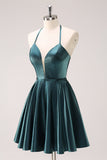 A-Line Peacock Blue Halter Short Prom Dress with Lace Up Back