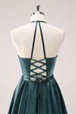 A-Line Peacock Blue Halter Short Prom Dress with Lace Up Back