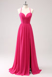 Fuchsia Spaghetti Straps Chiffon A-Line Bridesmaid Dress with Slit