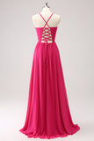 Fuchsia Spaghetti Straps Chiffon A-Line Bridesmaid Dress with Slit