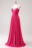 Fuchsia Spaghetti Straps Chiffon A-Line Bridesmaid Dress with Slit