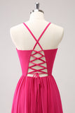 Fuchsia Spaghetti Straps Chiffon A-Line Bridesmaid Dress with Slit