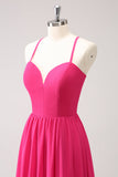 Fuchsia Spaghetti Straps Chiffon A-Line Bridesmaid Dress with Slit