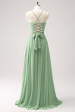 Dusty Sage A-Line Spaghetti Straps Chiffon Bridesmaid Dress with Slit