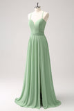 Dusty Sage A-Line Spaghetti Straps Chiffon Bridesmaid Dress with Slit