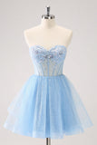 Sky Blue A Line Sweetheat Corset Tulle Prom Dress with Sequins