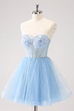 Sky Blue A Line Sweetheat Corset Tulle Prom Dress with Sequins