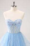 Sky Blue A Line Sweetheat Corset Tulle Prom Dress with Sequins